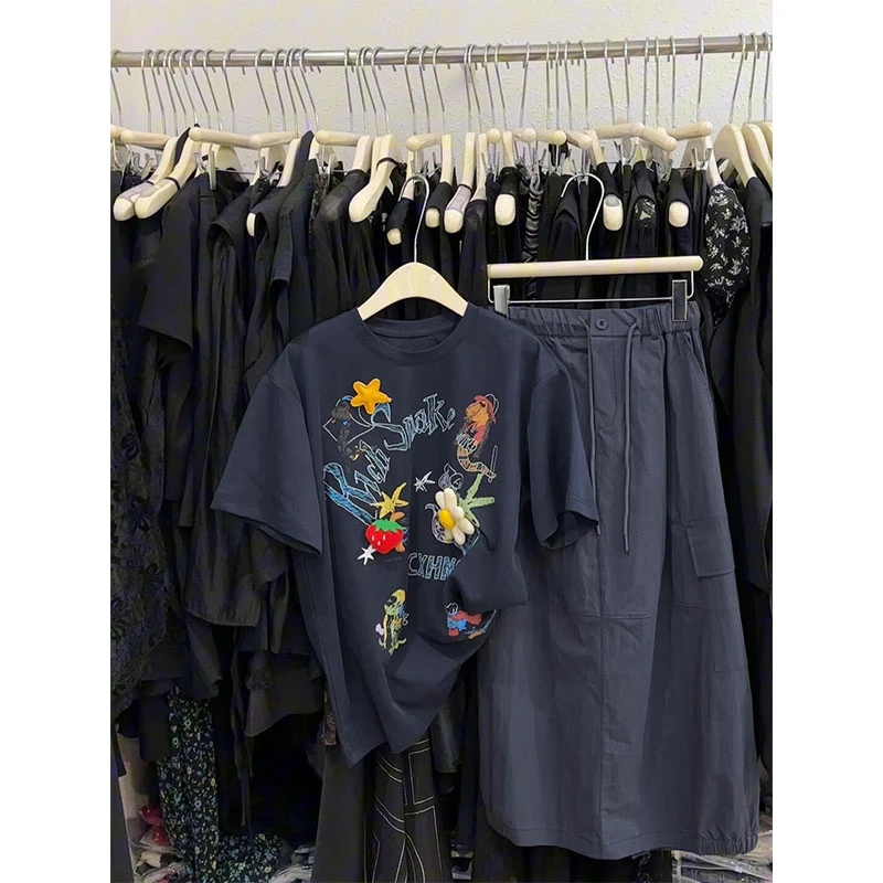 夏季搭配一整套2025新款韩版立体装饰印花短袖休闲工装半裙两件套