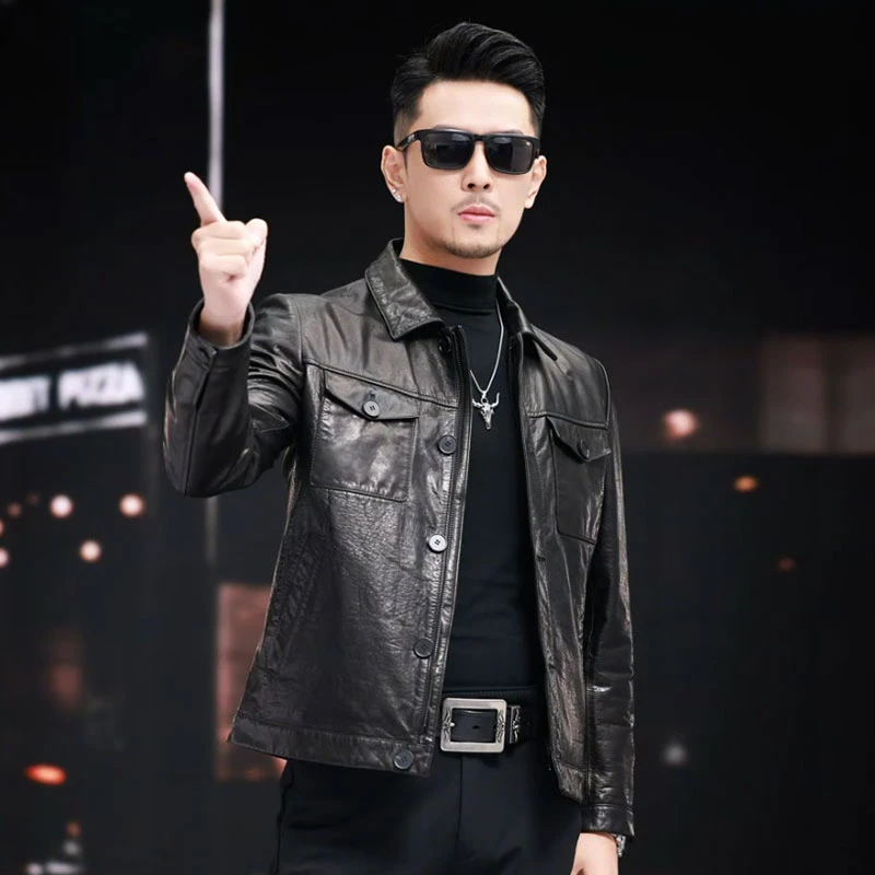 海宁真皮皮衣男皮夹克猎装翻领皮夹克机车外套ZF真皮皮衣男款