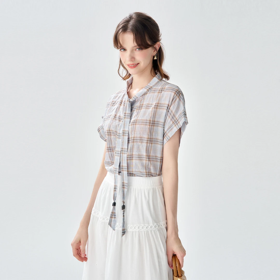 2025夏款格纹飘带领小飞袖短袖上衣时尚气质百搭衬衫女