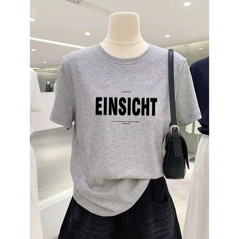 2025夏季新款设计灰色字母印花洋气短袖T恤女百搭高级感正肩上衣