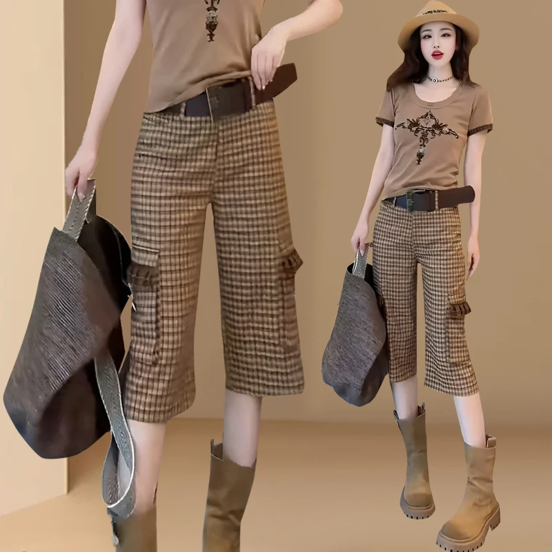 格子大口袋七分裤2025春夏季潮牌时尚气质设计感美式复古工装短裤