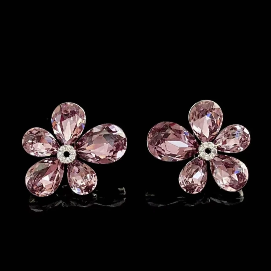 铜合金仿水晶耳饰 时尚气质百搭紫色花朵耳钉5911