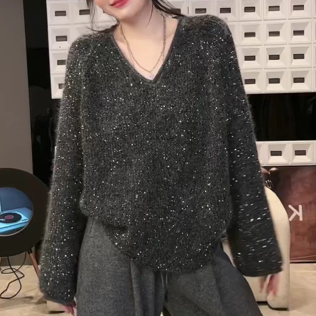 2024秋冬新款慵懒风宽松中长款针织衫上衣套头亮片毛衣LK2500738