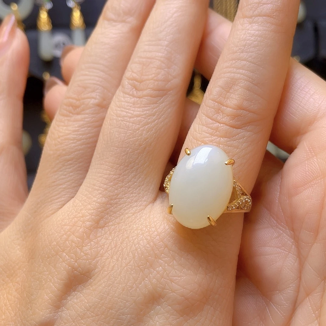 和田玉银S925镀金镶嵌戒指