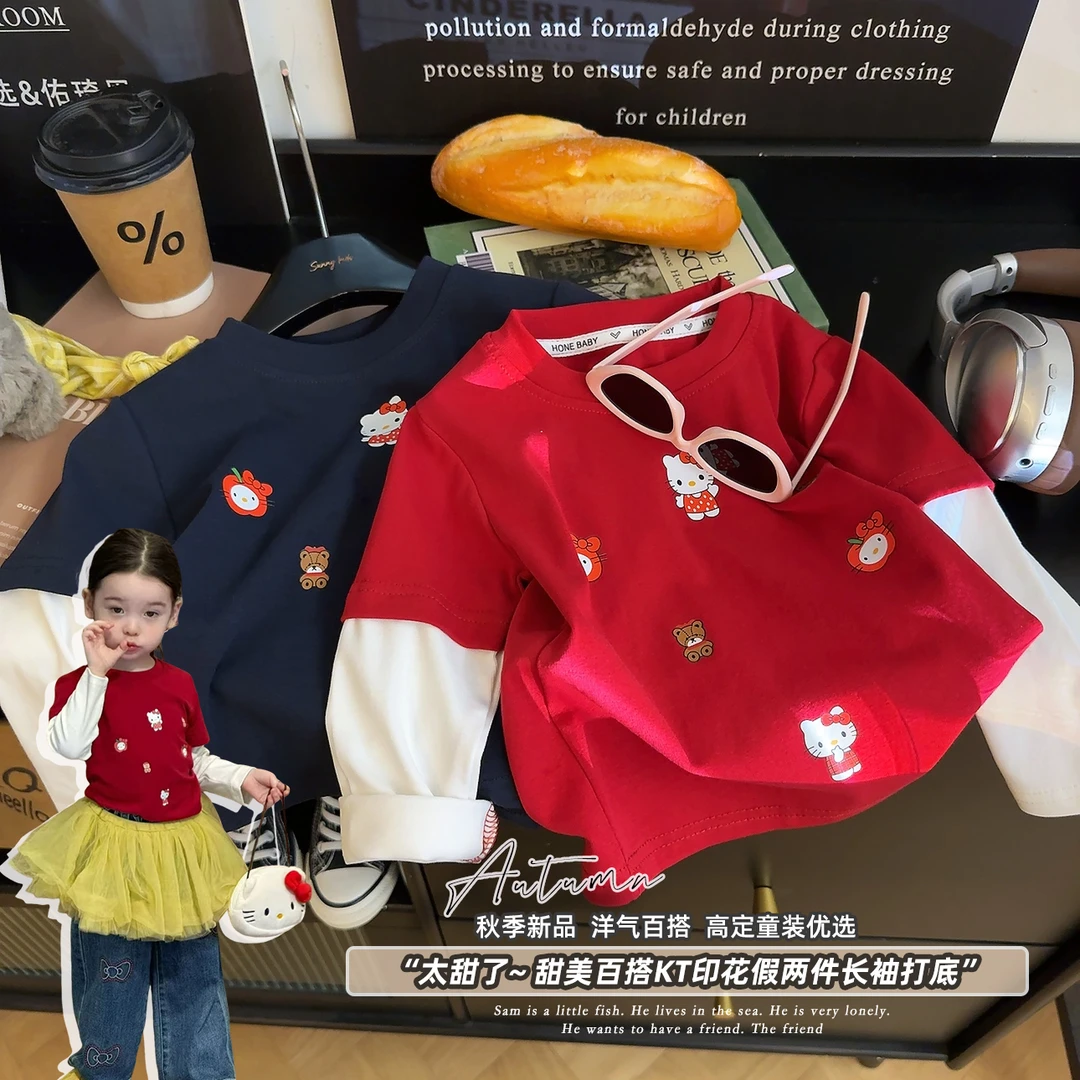 秋季新款甜美百搭KT印花假两件长袖打底