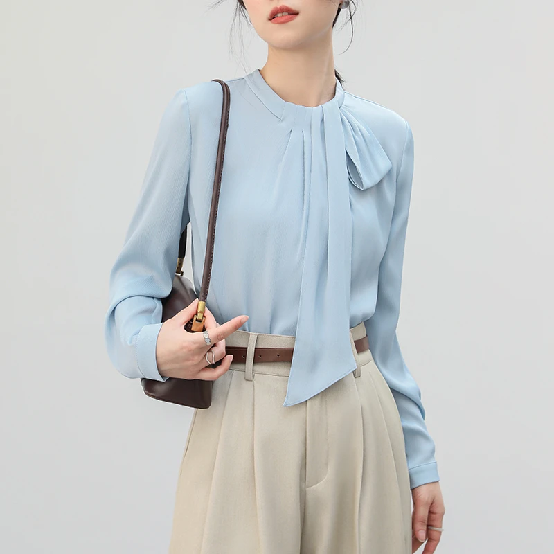 XZLDHY 飘带蓝色衬衫女春季新款气质职业通勤衬衣高级感缎面上衣