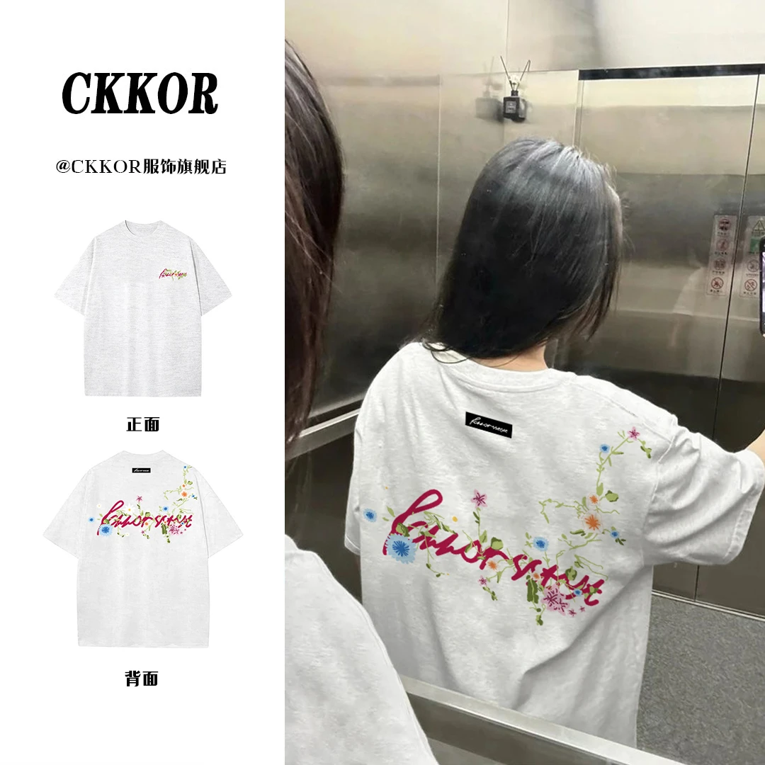 CKKOR新款美式字母印花夏装短袖女t恤圆领宽松慵懒风ins潮牌上衣