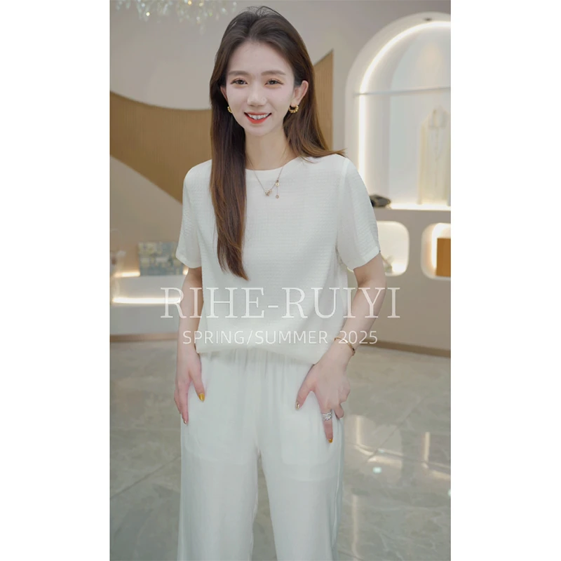 R H 【千鸟格冠乐绉】新款时尚气质显瘦休闲设计感桑蚕丝T恤A2869