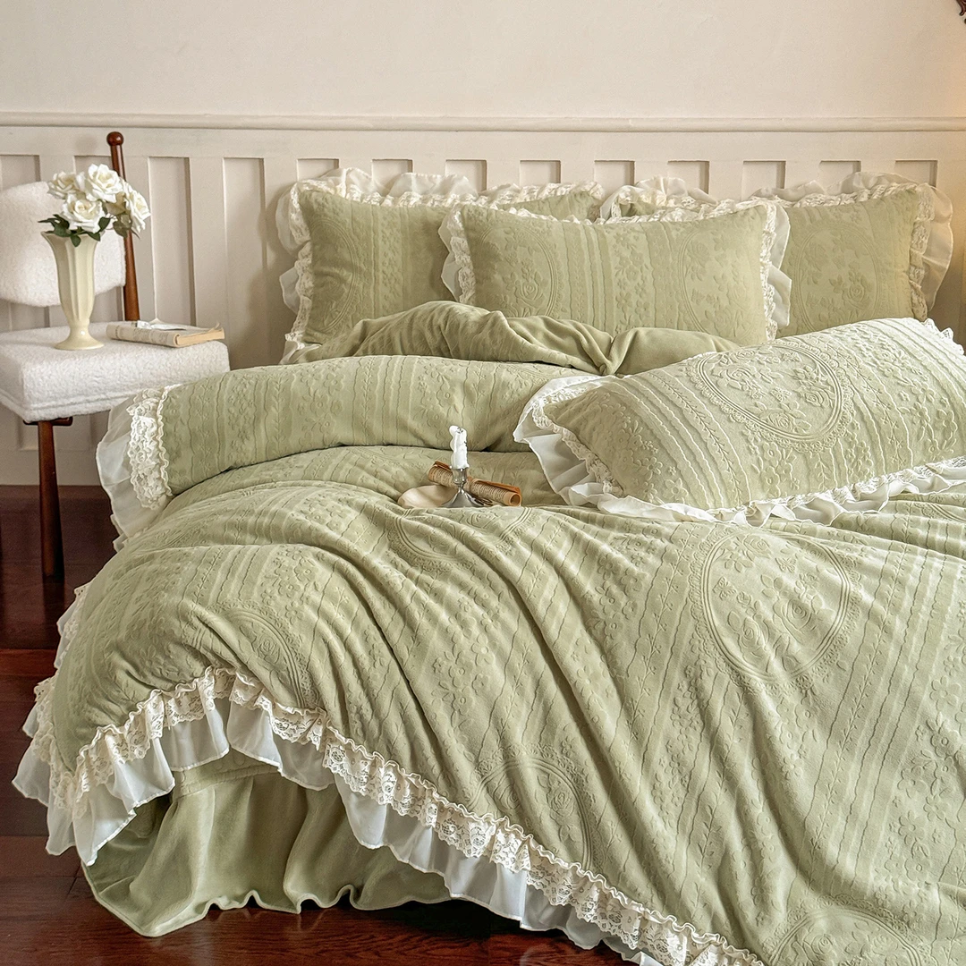 【蕾丝边床盖】新款爆款全消光牛奶绒雕花四件套蕾丝花边仙女款