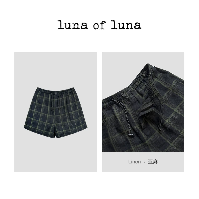 LUNA“英伦格子”绿色格子宽松系带直筒五分裤短裤 DK00629