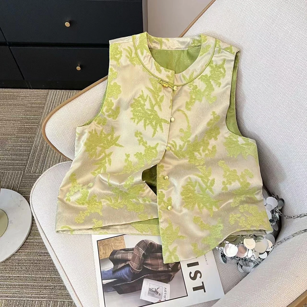 马夹马甲碎花绿色复古双面中式黄色提花时尚夏款中国风印花民族风