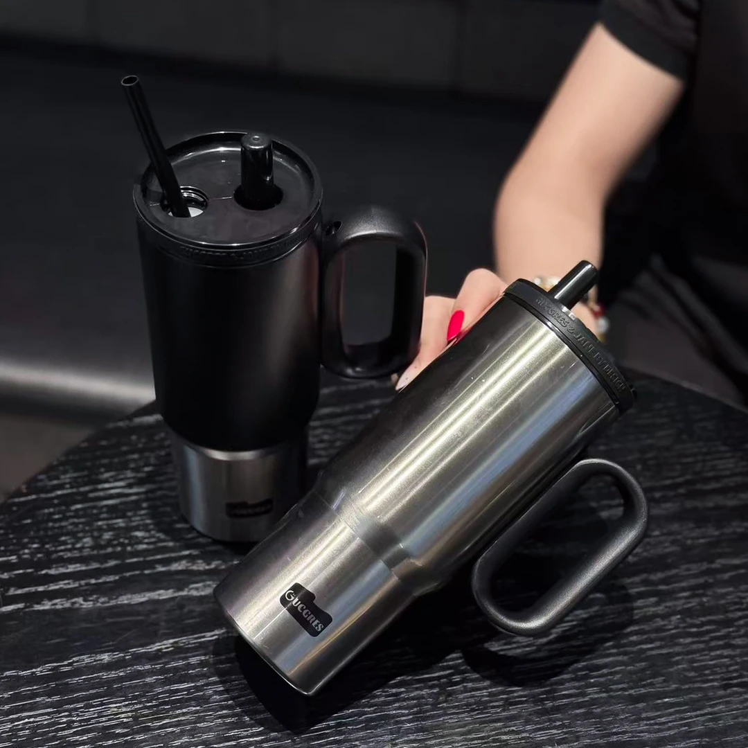 新款316银黑不锈钢保温杯大容量水杯子吸管水杯车载随行咖啡杯女