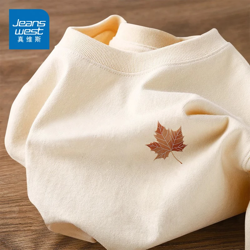 真维斯休闲短袖男女同款夏季梧桐叶印花百搭上衣重磅纯棉宽松半袖