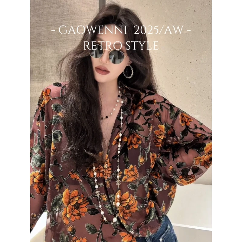 高温妮【金棕物语】港风复古休闲植绒廓形长袖衬衫5e52538上衣衬衣