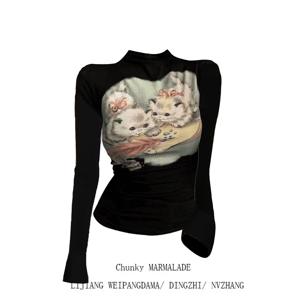 （有运险）1193-美式辣妹猫咪印花立领长袖T恤女秋季紧身显瘦上衣服