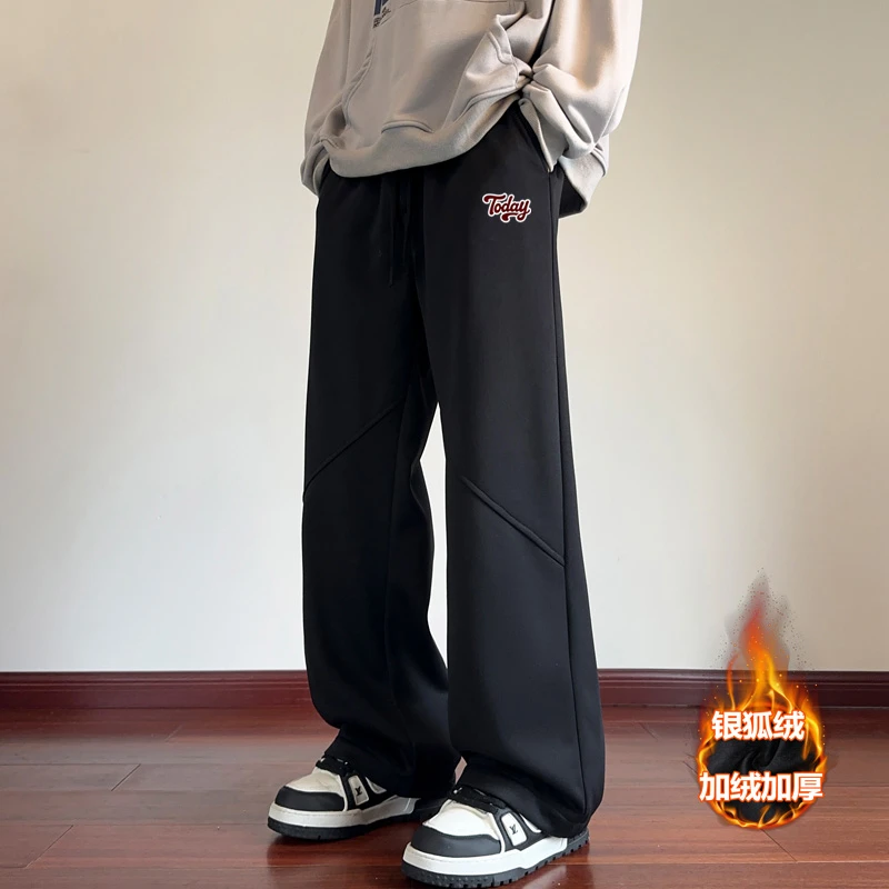稻草人秋冬款男士休闲裤大码阔腿裤卫裤时尚舒适休闲加绒加厚宽松