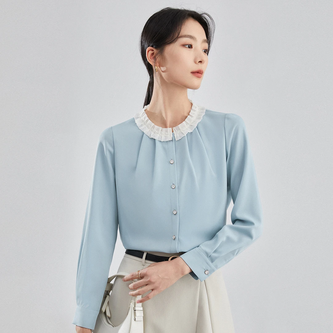 【曼贝】气质风定制款设计感长袖衬衫女时尚通勤衬衣8493348【甜甜】