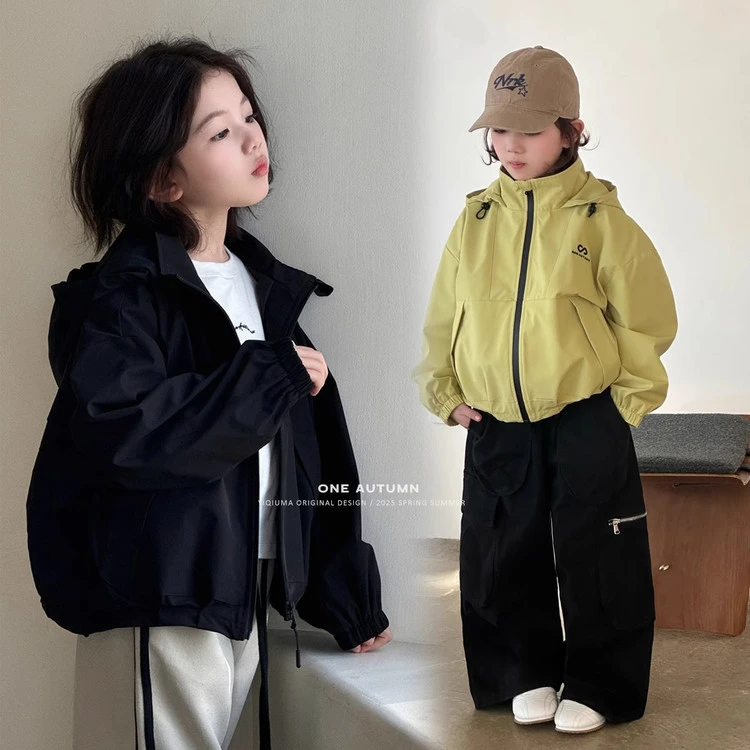 女童连帽外套春秋2025新款儿童拉链衫上衣韩版女孩户外防水冲锋衣