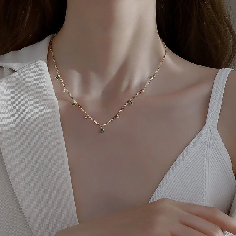 合金锆石项链 法式锆石水滴项链女ins小众设计感超仙复古百搭