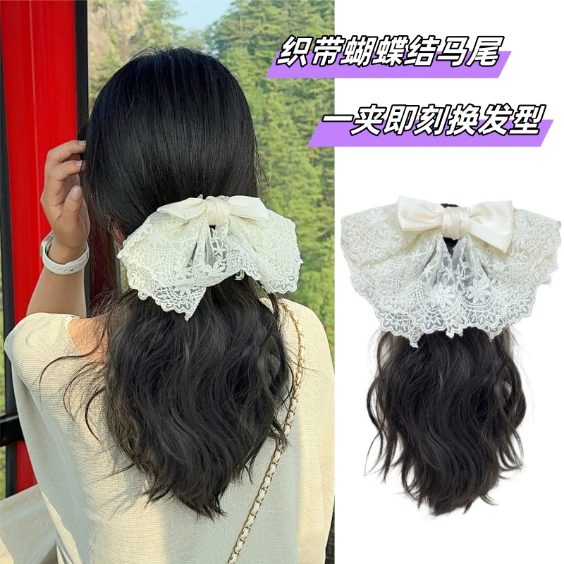 假发马尾女水波纹低马尾米白蕾丝蝴蝶结抓夹头饰仿真发蓬松卷发