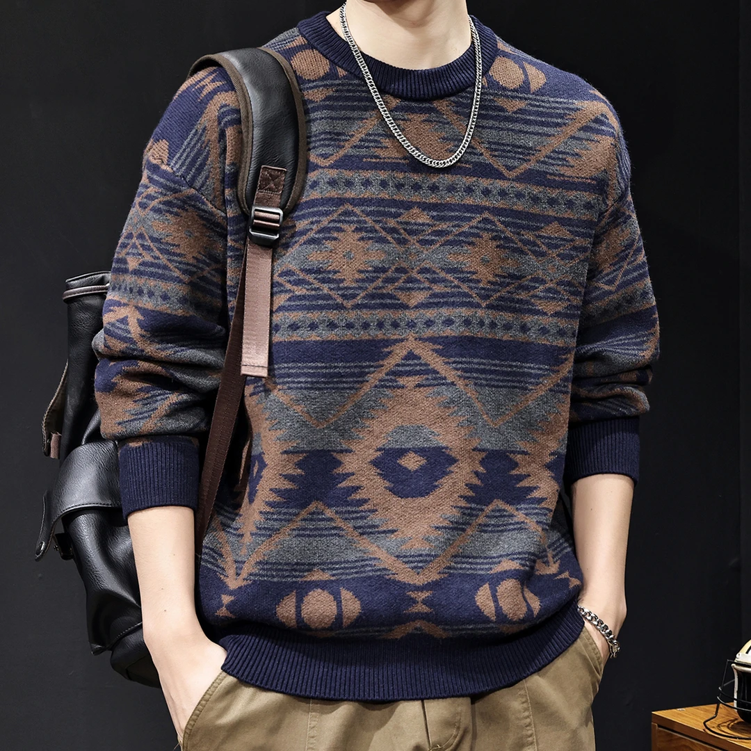 LEIGHZ/雷茨复古费尔岛图案民族毛衣男宽松保暖针织衫深色毛线衣