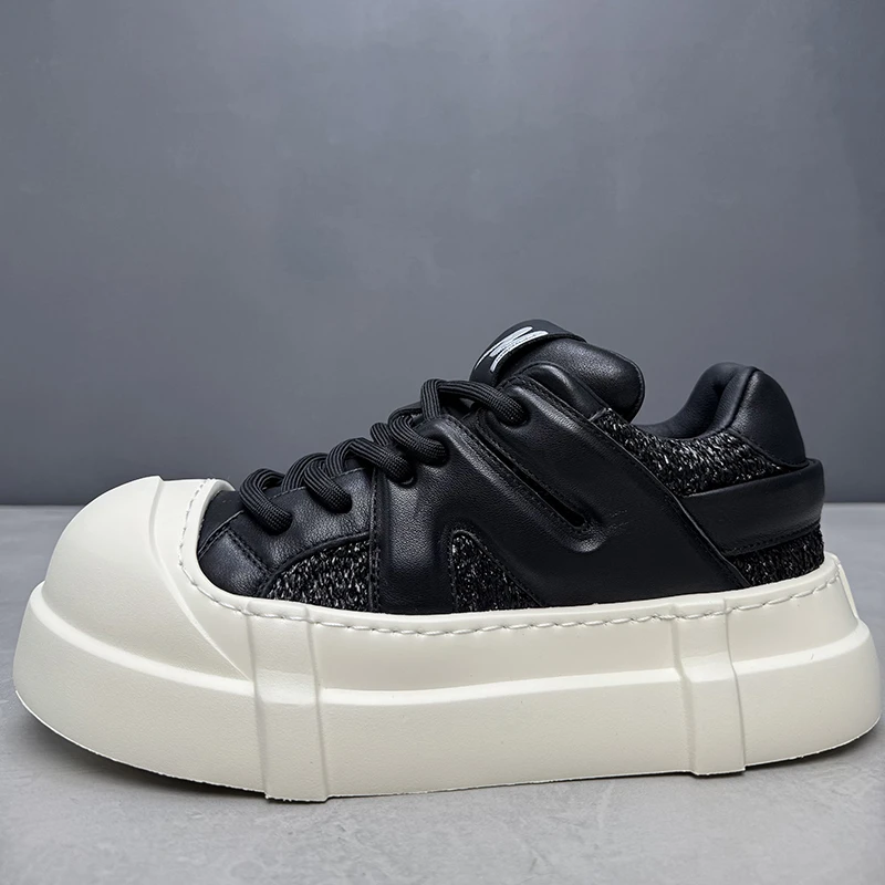 溪嘟别不规则圆头设计阔版松糕厚底板鞋真皮轻便增高面包休闲潮鞋