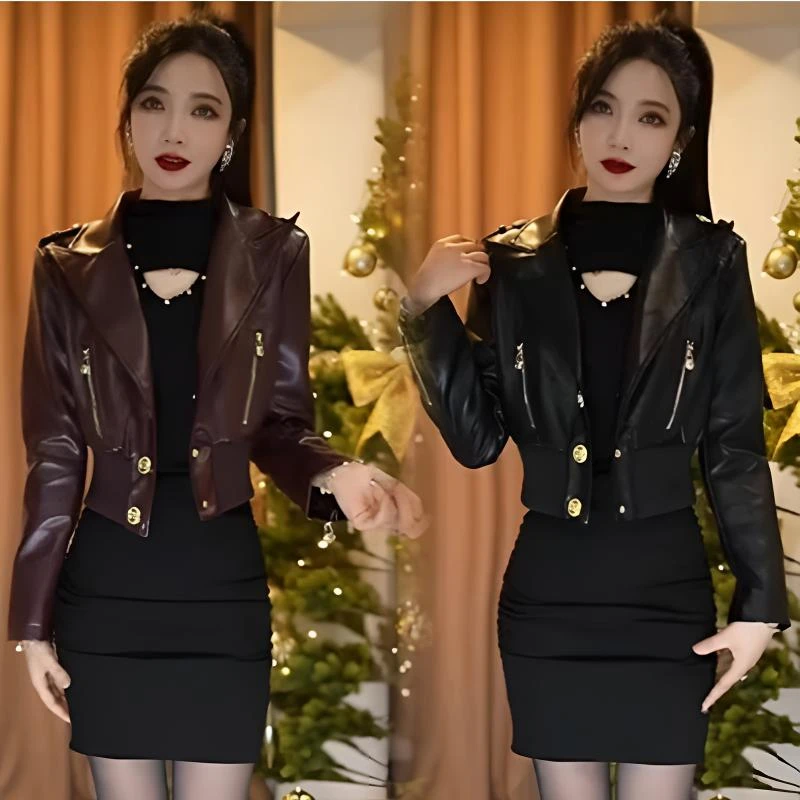 韩版气质拉链翻领收腰皮衣女士2025春季小众独特时尚百搭显瘦上衣