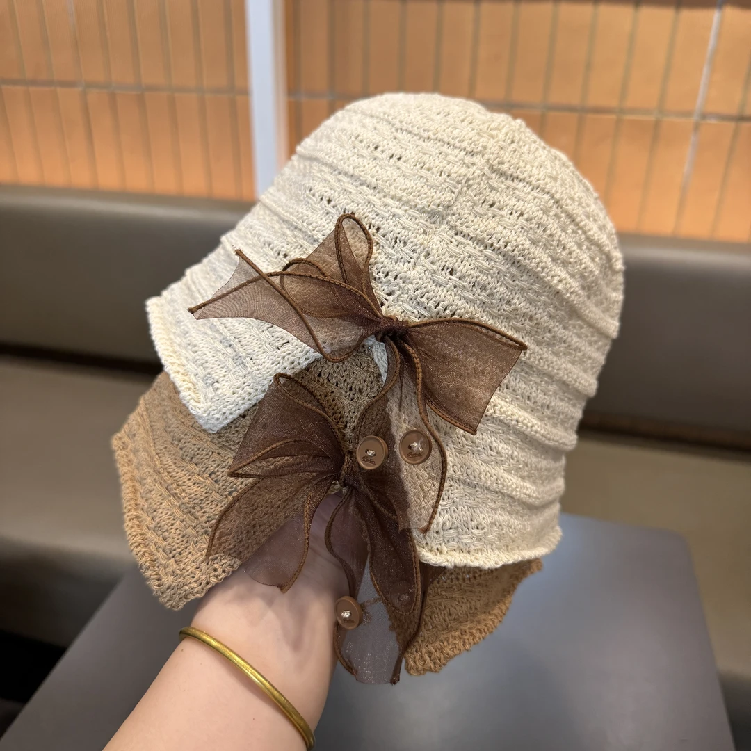 宝宝帽子春夏薄款透气蝴蝶结草帽韩版洋气水桶帽儿童出游遮阳帽子