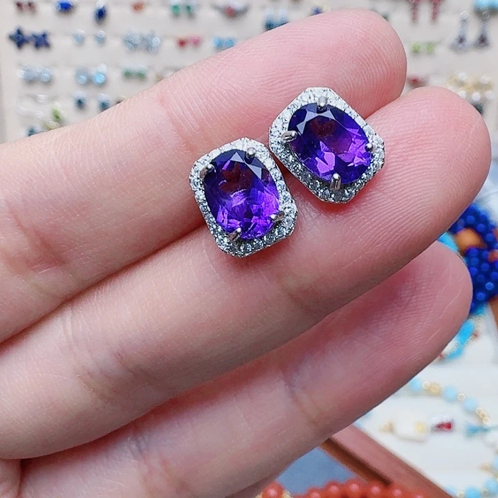紫晶耳饰银S925镶嵌耳钉A70
