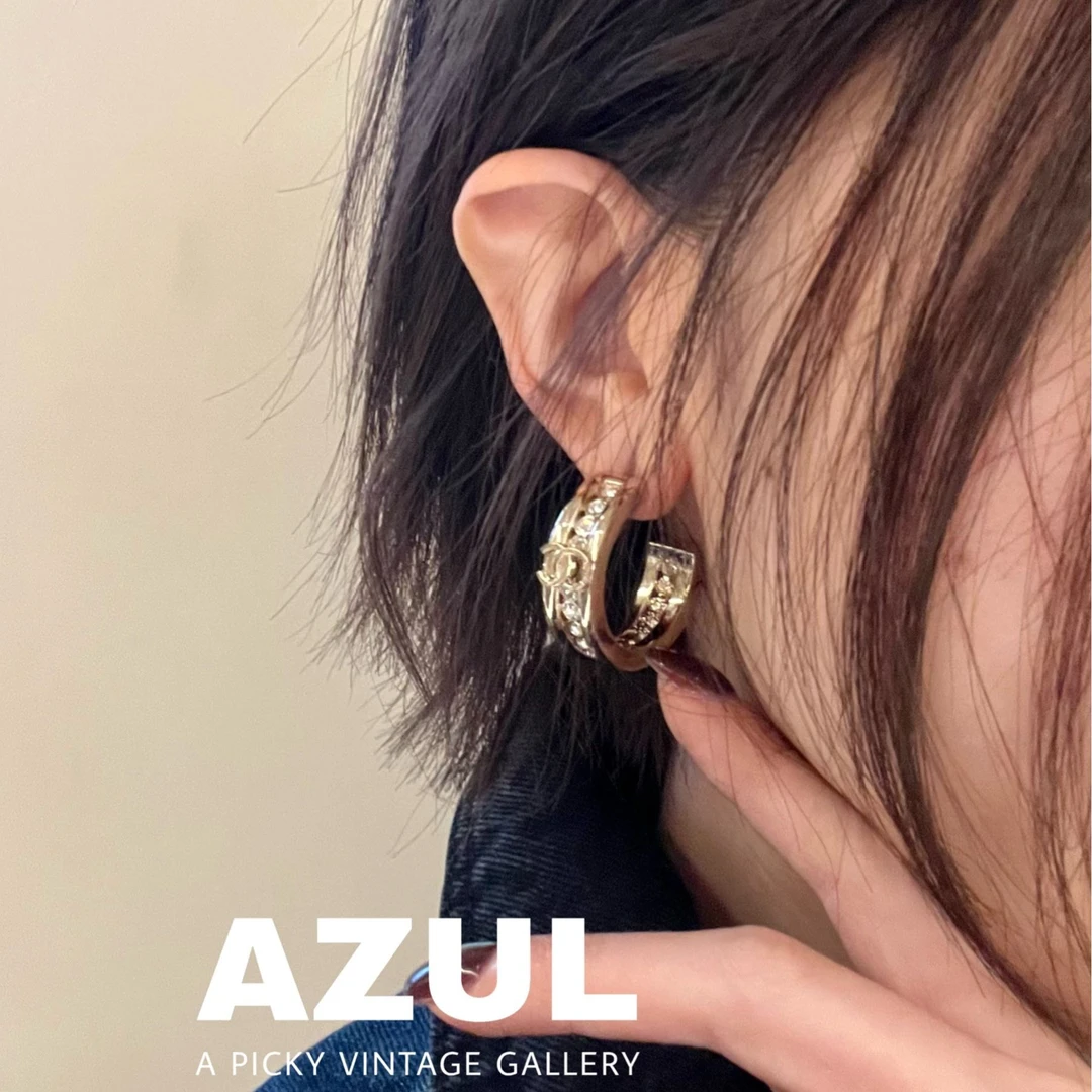 95新 Chanel/香奈儿 Azul-23K浅金色双C亮钻耳圈耳钉49903