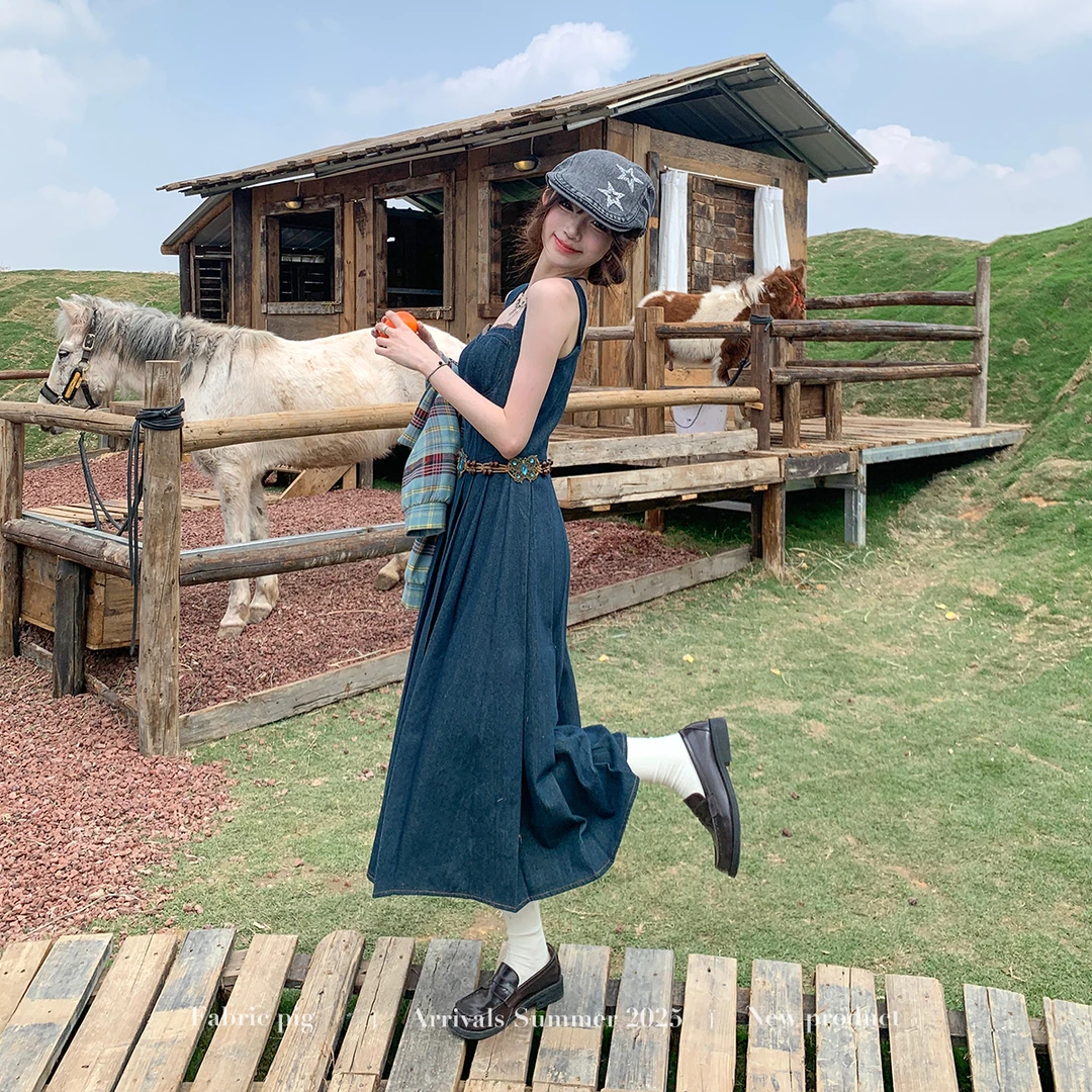 蝴蝶情书长裙 织物猪原创 春夏复古格纹衬衫牛仔吊带A字百褶长裙