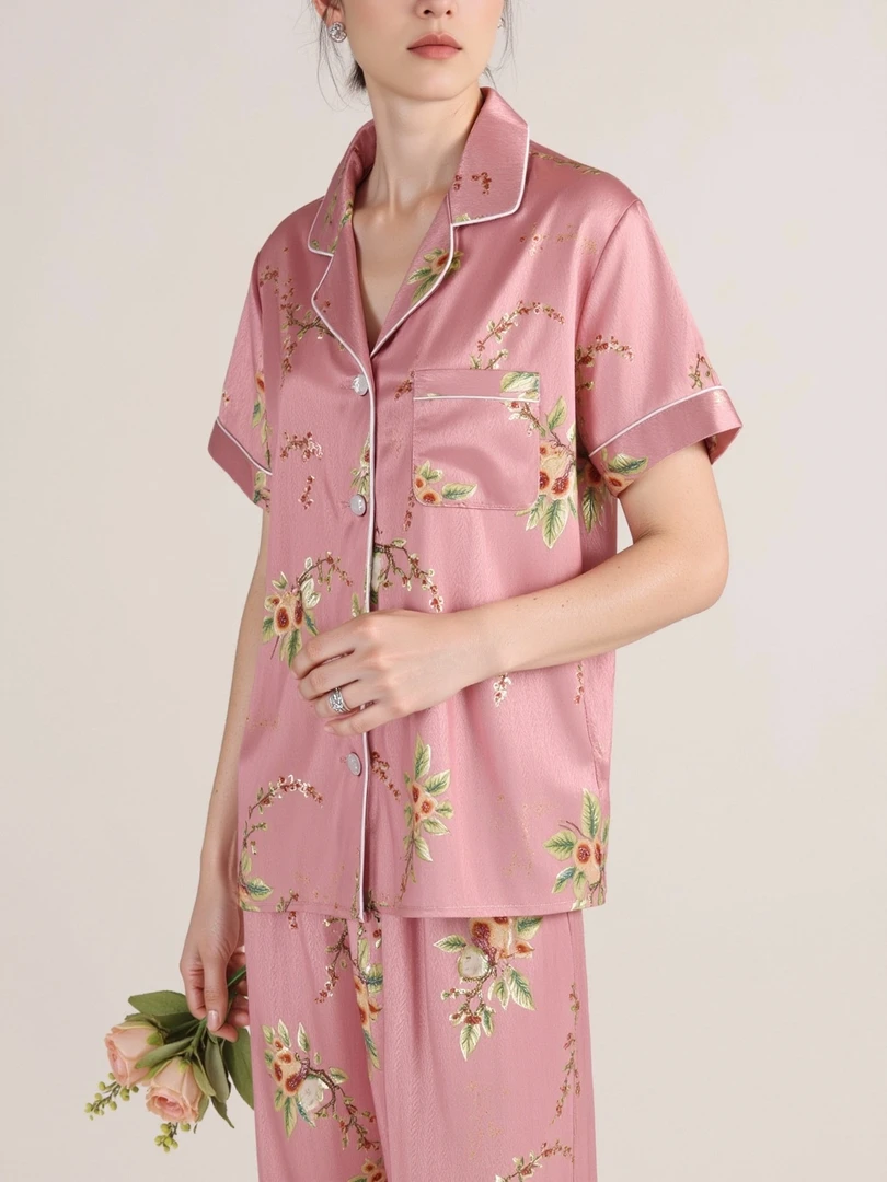 【2件套】春夏款舒适仿真丝烫金家居服睡衣女士夏款三件套装（妞妞）