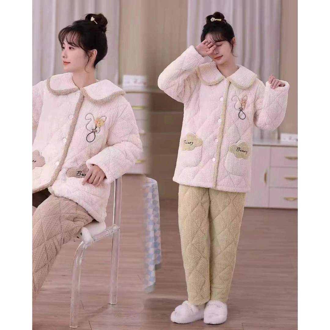 2024年睡衣女秋冬珊瑚绒三层夹棉加绒加厚洋气保暖可外穿居家服
