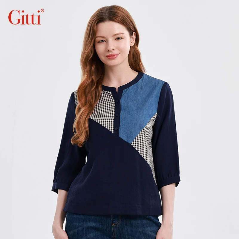 Gitti/吉蒂格子拼接小V领中袖T恤女显瘦大码七分袖上衣G251119