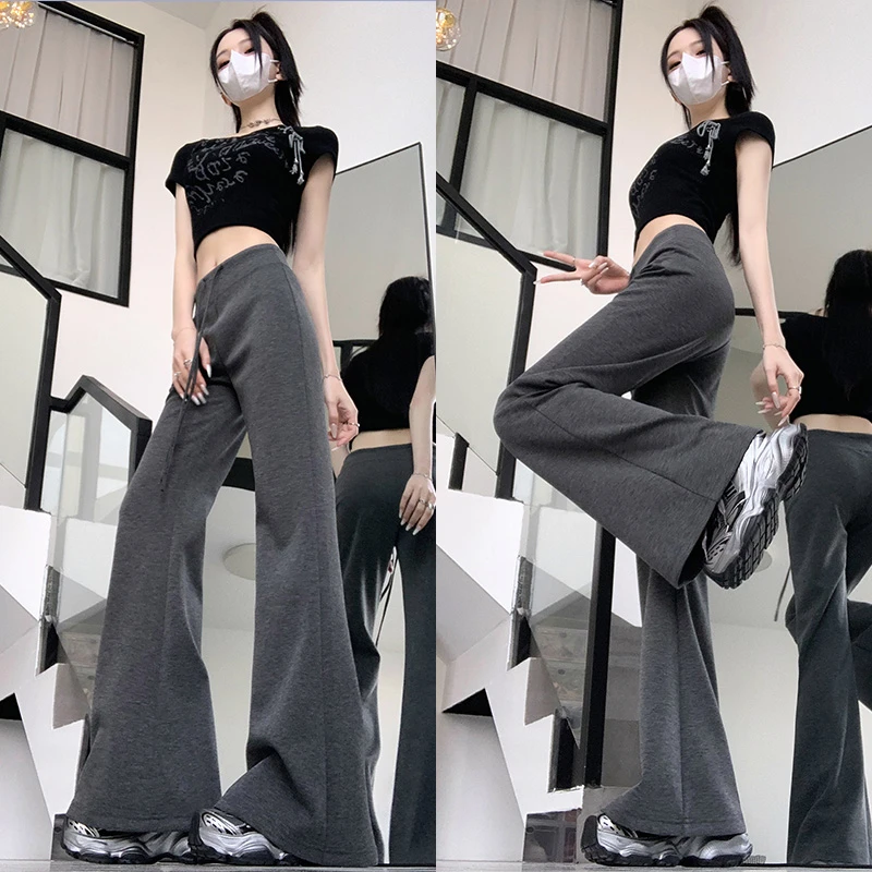 深灰色微喇运动裤女夏季新款美式辣妹高腰显瘦垂感休闲直筒阔腿裤