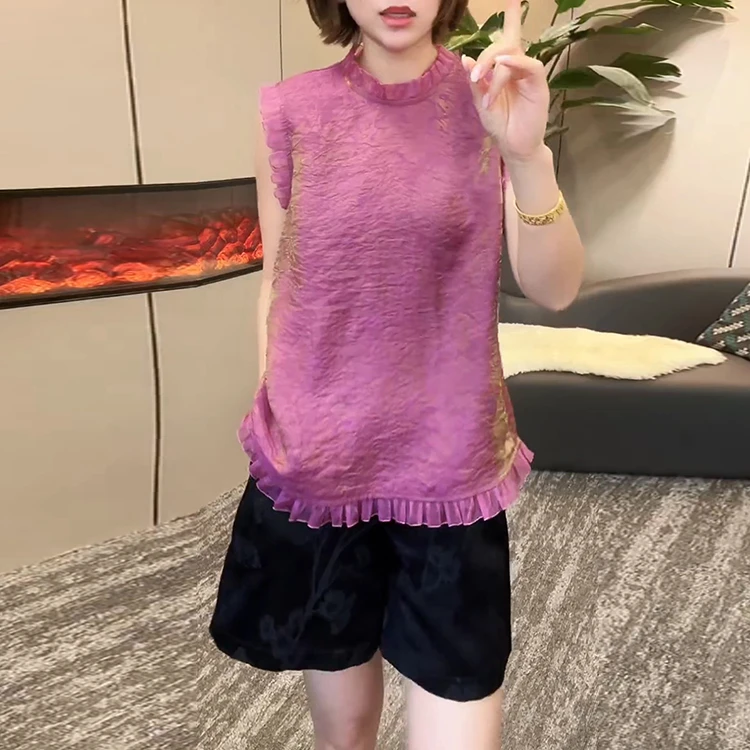 2025夏季新款减龄花边无袖衬衫休闲裤套装女显瘦百搭衬衣短裤两件