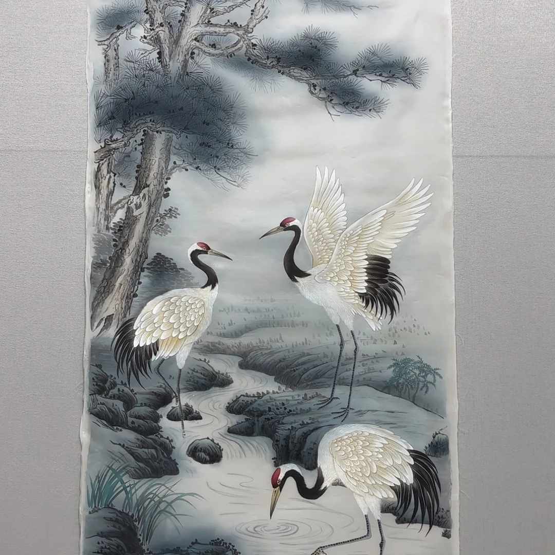 国画精品绢本工笔仙鹤图贾敏