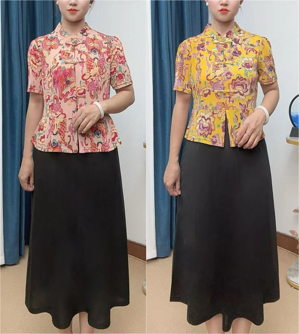 夏季新款国风百搭显瘦气质妈妈装裙子 中老年假两件复古连衣裙
