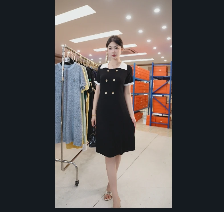 A65短袖POLO领针织连衣裙女夏季高级感收腰显瘦气质绝美小黑裙