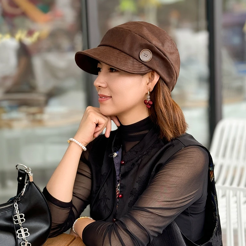 新款春秋鸭舌帽子复古纽扣显脸小报童帽洋气百搭韩版文艺贝雷帽女