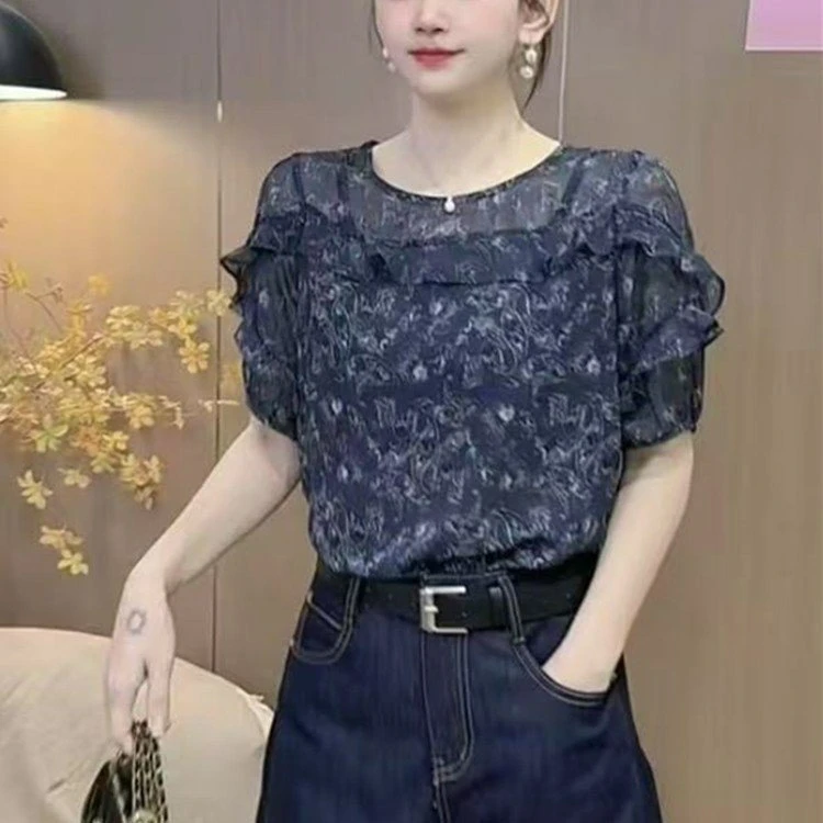 印花荷叶边雪纺上衣2025夏薄款圆领T恤宽松显瘦洋气小衫