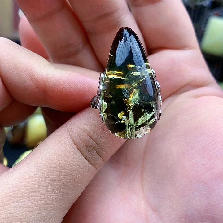 琥珀裸石银S925镶嵌戒指