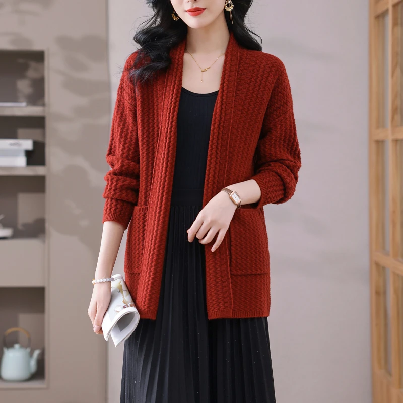2025春秋新款中长款围巾领披肩女宽松洋气时髦长袖针织衫开衫外套