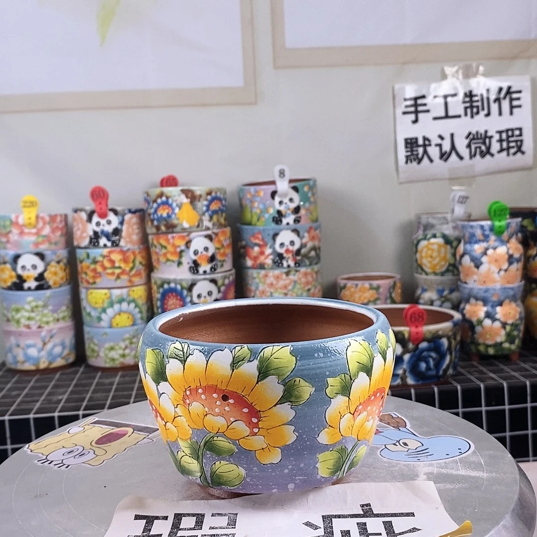 紫砂花盆红陶手绘花盆