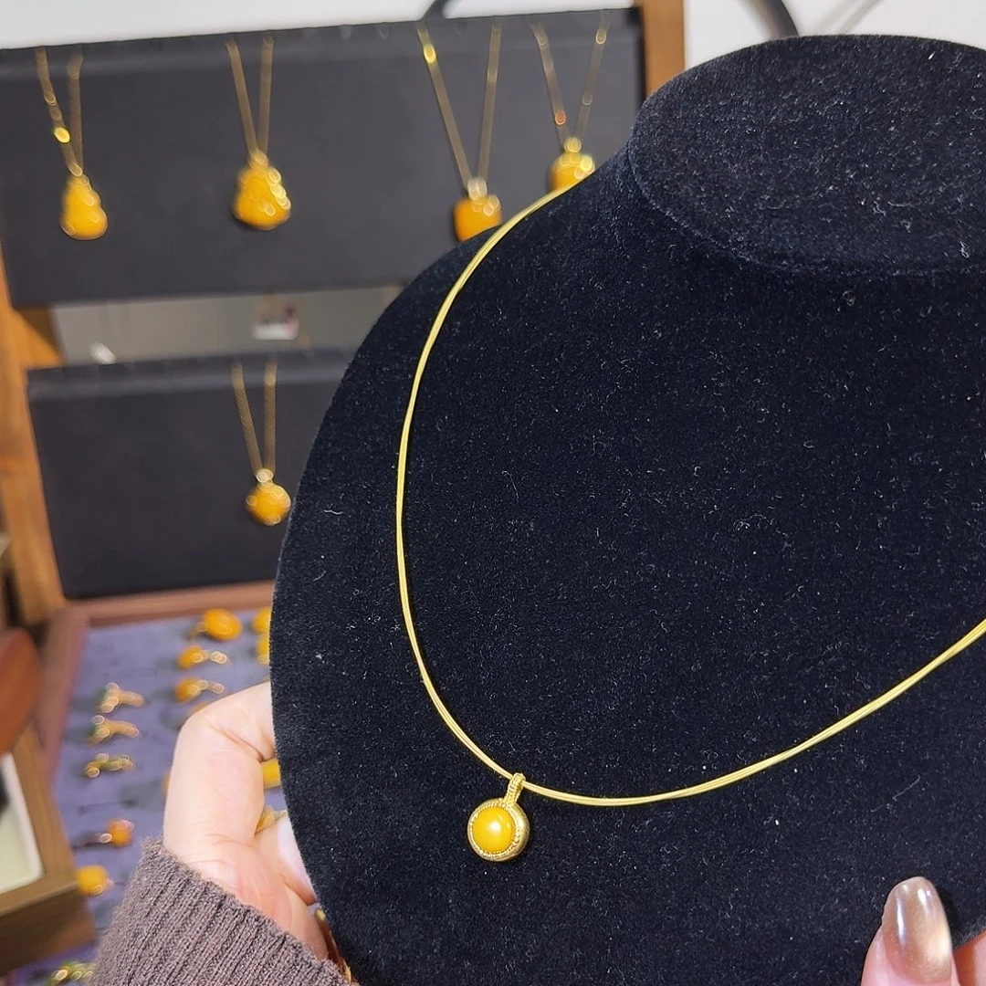 蜜蜡银S925镀金镶嵌颈饰蜜蜡项链