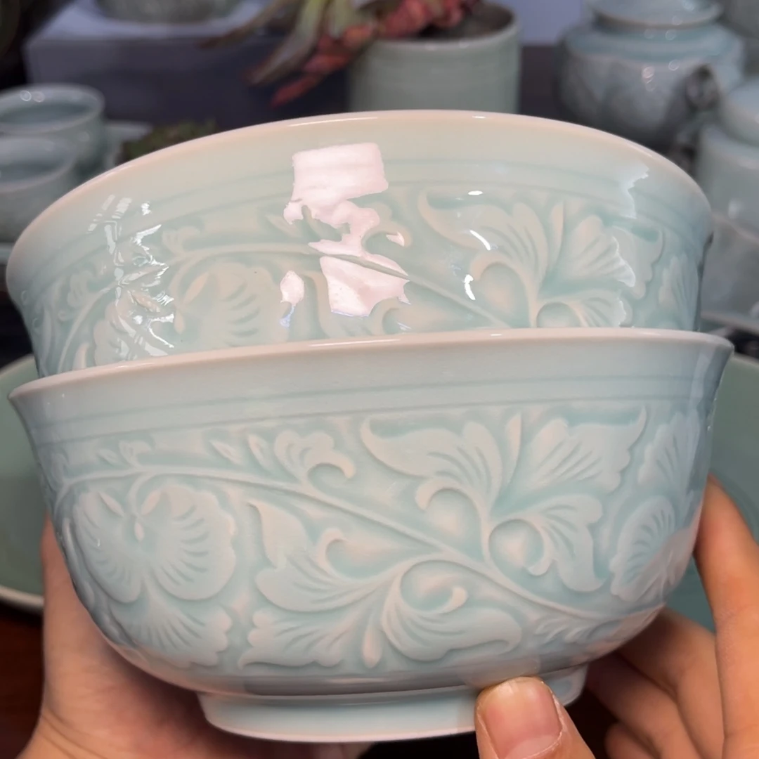 瓷微瑕 7 英寸天青色牡丹碗 2 只