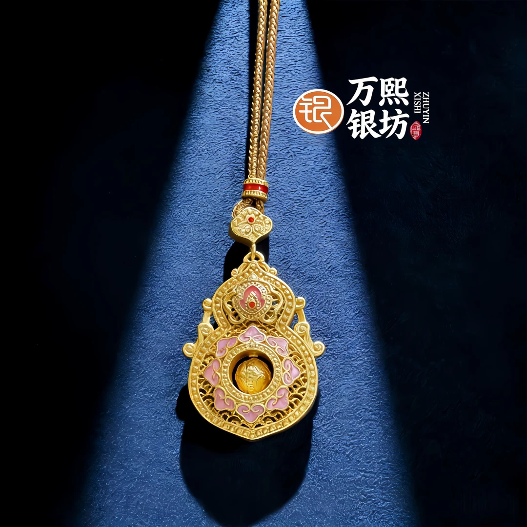 吊坠足银布 葫芦粉贝新中式镂空福绿长款项链女轻奢毛衣链吊坠女