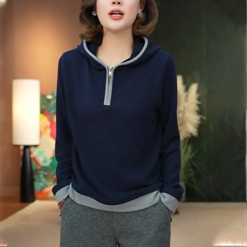 女士连帽卫衣外套2025秋冬新款高级感宽松显瘦洋气减龄藏青色上衣