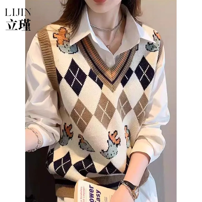 衬衫搭配马甲女款2025新款菱格毛衣背心女春秋两件套叠穿坎肩上衣