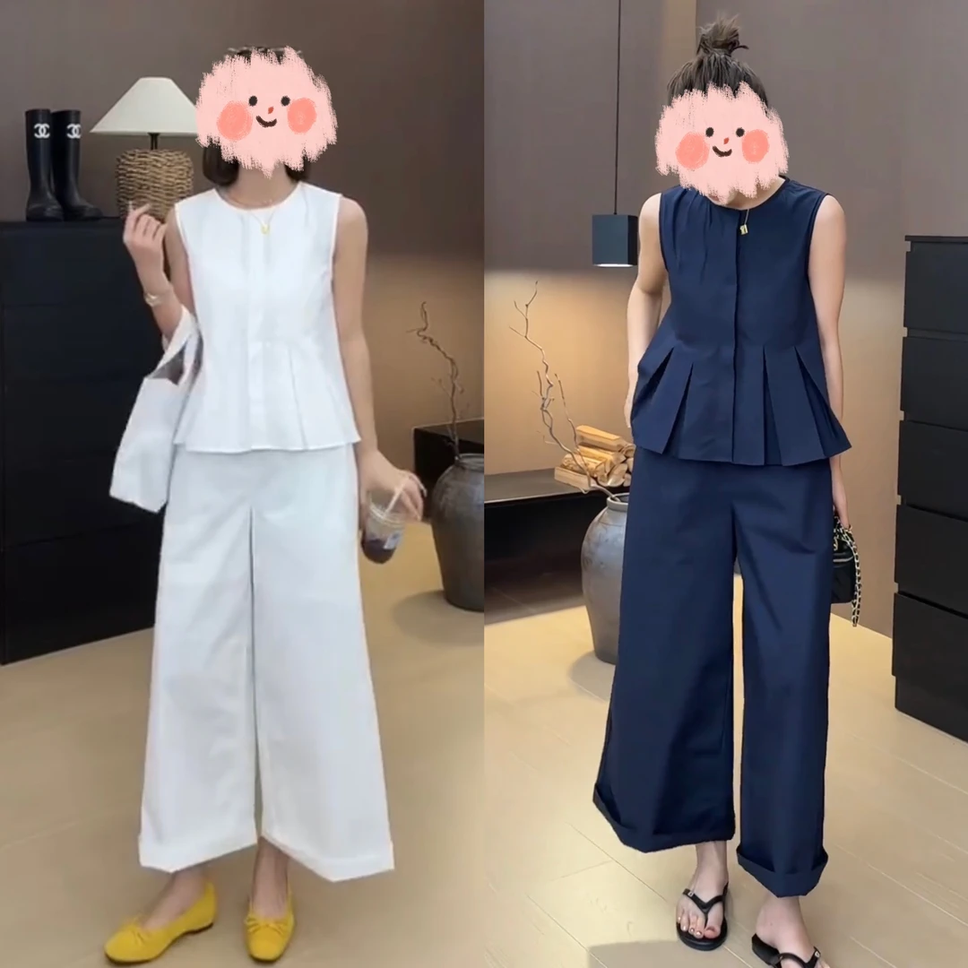 夏季时尚无袖背心宽松休闲直筒裤两件套洋气减龄套装